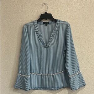 Kelly Renee Blouse Large Blue Striped Long Sleeve Bell Sleeve V Neck Boho TC0611